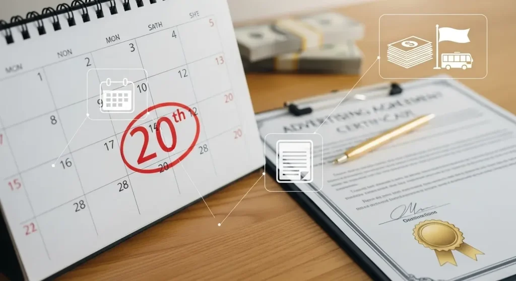 Календарь с выделенным 20 числом и договор на рекламные услуги — срок уплаты рекламного сбора Беларусь