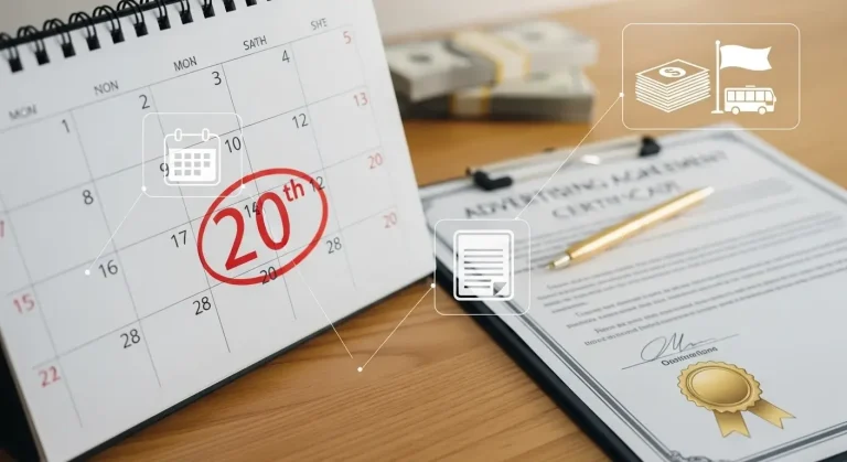 Календарь с выделенным 20 числом и договор на рекламные услуги — срок уплаты рекламного сбора Беларусь